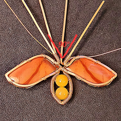 Jennifer Brooks's Rosy Maple Moth Pendant - , Contemporary Wire Jewelry, Lashing, Wire Lashing, Wire Wrapping, Wrapping, Wire Wrapping Jewelry, Make a 90 V with the front frame posts